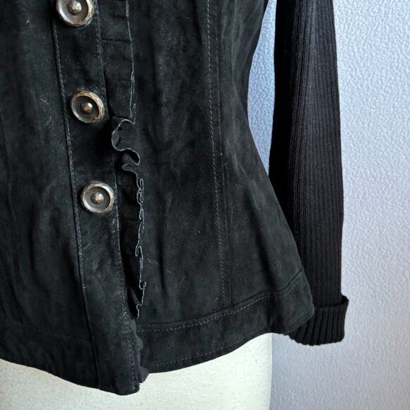 Black Suede & Knit Jacket Snap Closure Pockets Ruffle Front Size M - Picture 3 of 11